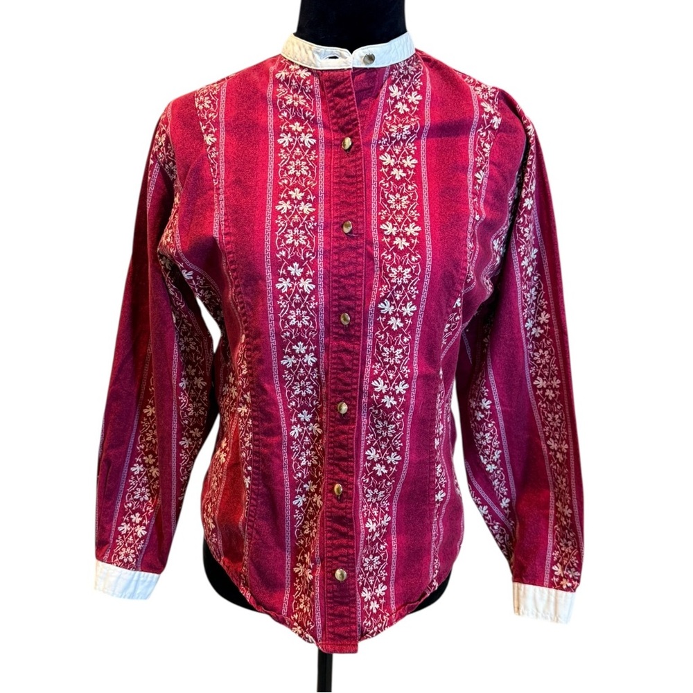Vintage Wrangler Western Shirt Women's Shirt Rose Red White Floral Top Medium